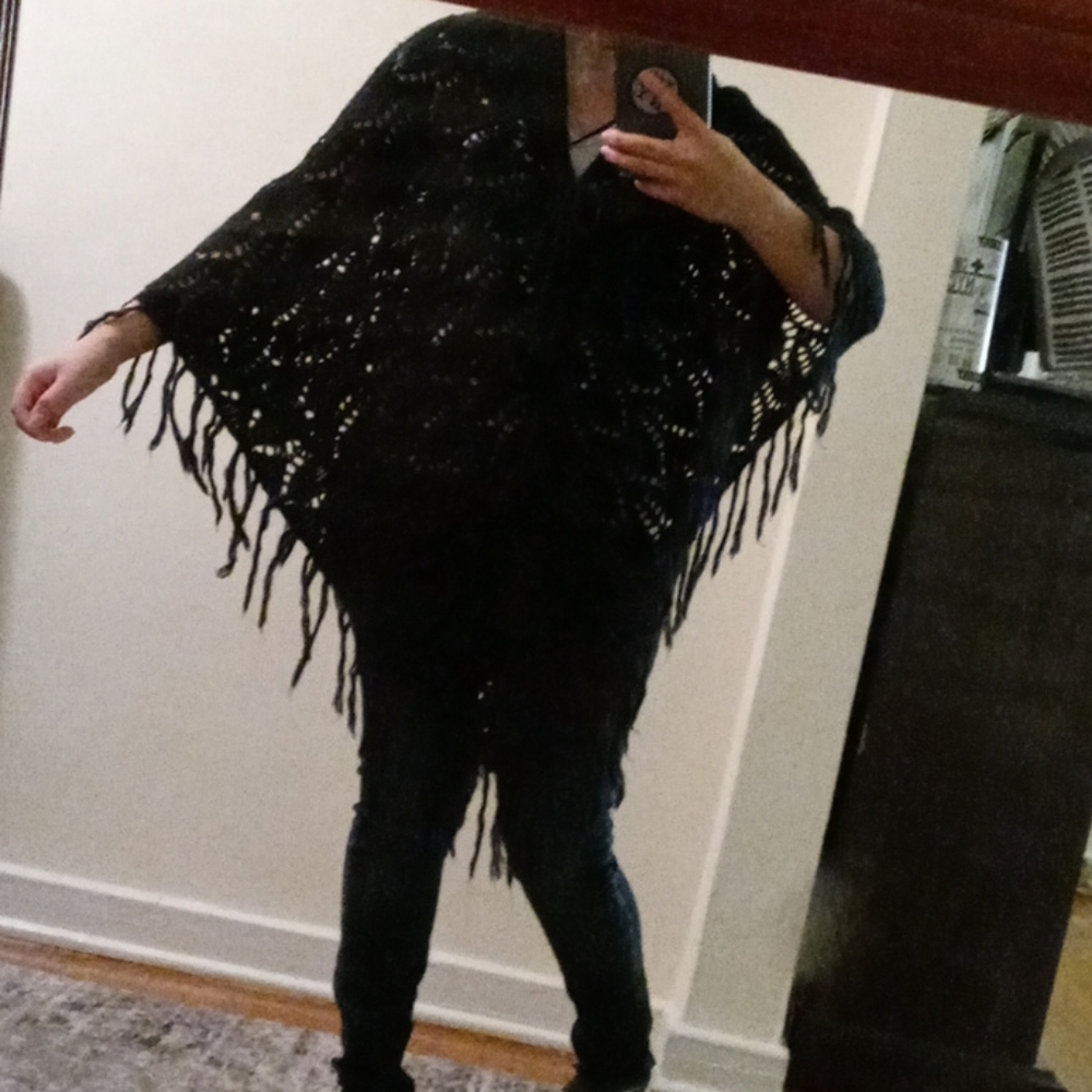 Fringe pancho with hood